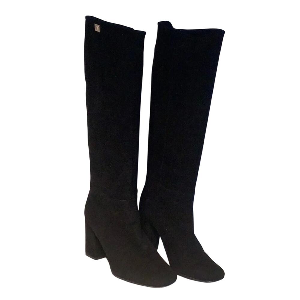 Diane von Furstenberg Tall Suede Boots 7 Black DVF Quiet Luxury Old Money Heel